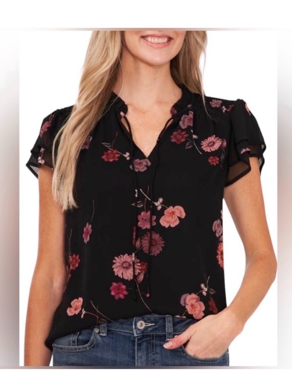 Cece Black Floral V-Neck Short Sleeve Blouse